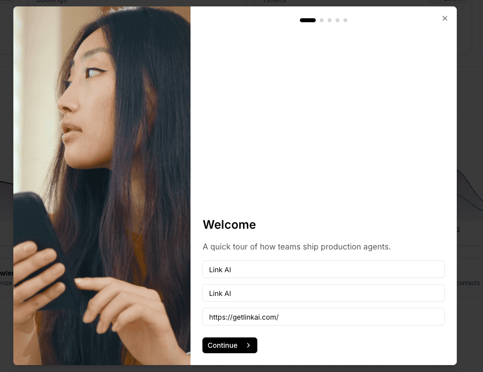 Link AI onboarding screen showing the dashboard interface